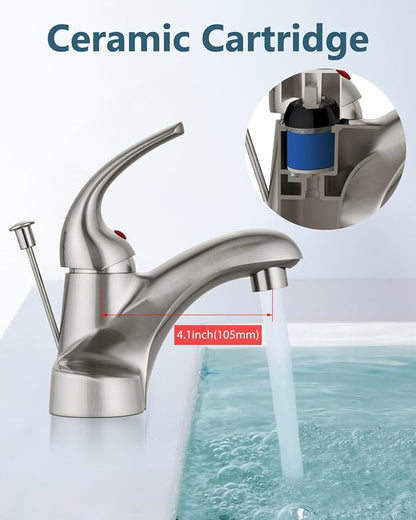4-Inch Centerset Bathroom Sink Faucet with Drain, Brushed Nickel | Single-Handle Vanity Faucet with Lift Rod Drain, 24-Inch Supply Lines, 1.2 GPM, 3-Hole Deck Mount, Easy Installation