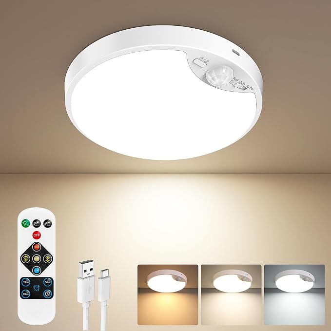 Rechargeable Motion Sensor Ceiling Light, 12000mAh Battery Closet Light | Wireless Battery Powered LED Shower Light, Magnetic Cordless Ceiling Light with Remote, Overhead Lamp for Pantry Shed Hallway