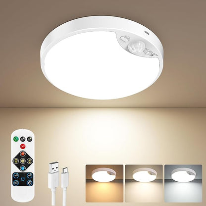 Rechargeable Motion Sensor Ceiling Light, 12000mAh Battery Closet Light | Wireless Battery Powered LED Shower Light, Magnetic Cordless Ceiling Light with Remote, Overhead Lamp for Pantry Shed Hallway