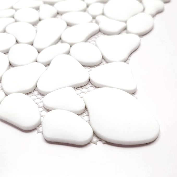 SUNWINGS 10-Sheet Pebble Tile for Shower Floor Border Kitchen Bathroom Backsplash, White Recycled Glass Marble Stone Looks Wall and Floor Tile, Covers 7.9 Sq. Ft