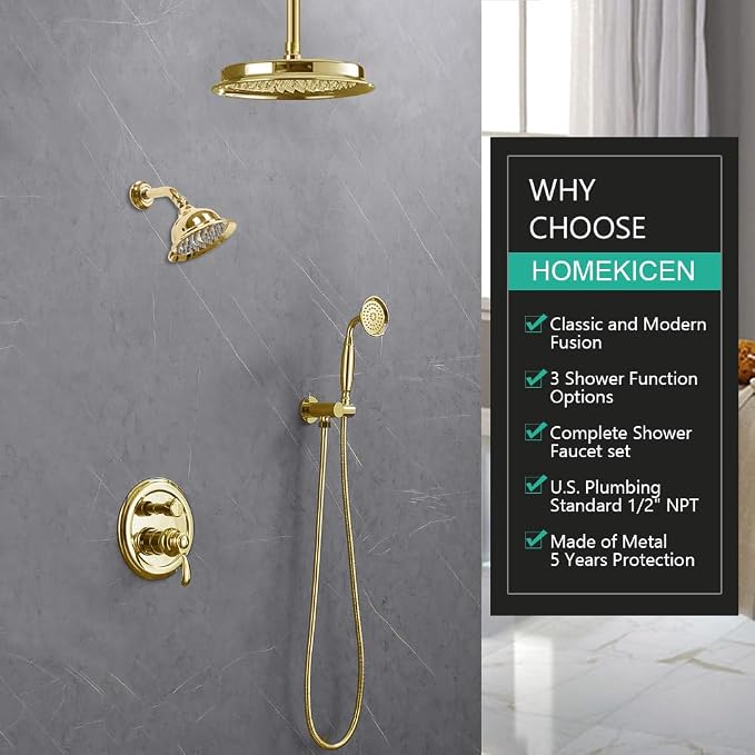 Dual Rain Shower Head System with Handheld Antique Faucet Set | Gold Finish, Multi-layer Plating, Vintage Rainfall, 3 Way Diverter Brass Valve with Trim Kit, Easy Install
