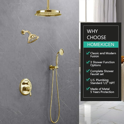 Dual Rain Shower Head System with Handheld Antique Faucet Set | Gold Finish, Multi-layer Plating, Vintage Rainfall, 3 Way Diverter Brass Valve with Trim Kit, Easy Install
