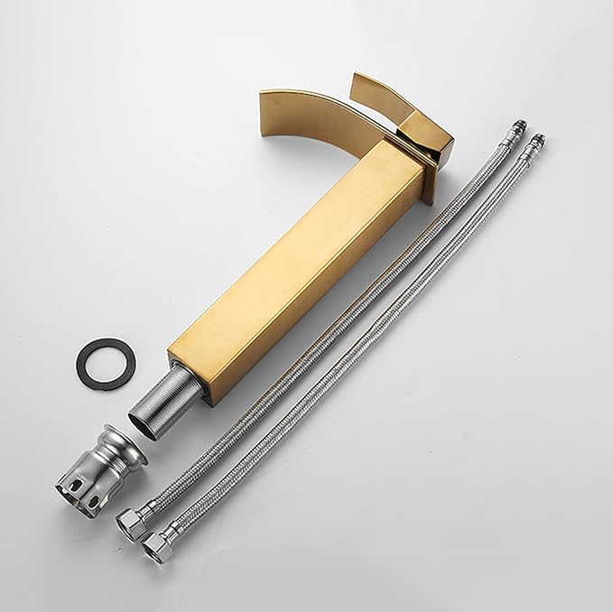 Brushed Gold High Arc Bathroom Faucet Single Lever Basin Mixer G1/2 Sink Tap with Waterfall Design Stainless Steel Finish for Modern Vanity