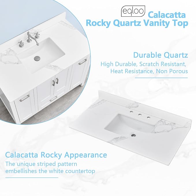 42 in. W x 22 in D Quartz Vanity Top in Calacatta Rocky, Vanity Sink Top with Assembled Single Drop-in Sink, Pre-Drilled Widespread Faucet Holes Countertop with 4" H Backsplash