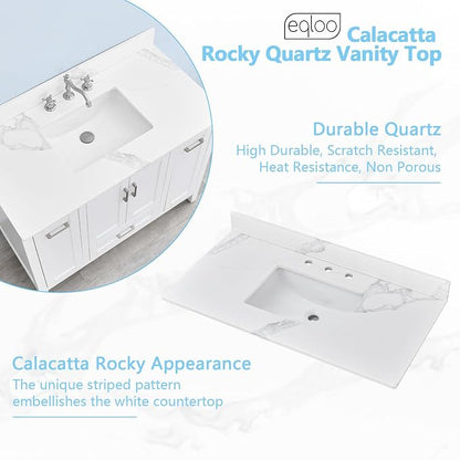 42 in. W x 22 in D Quartz Vanity Top in Calacatta Rocky, Vanity Sink Top with Assembled Single Drop-in Sink, Pre-Drilled Widespread Faucet Holes Countertop with 4" H Backsplash