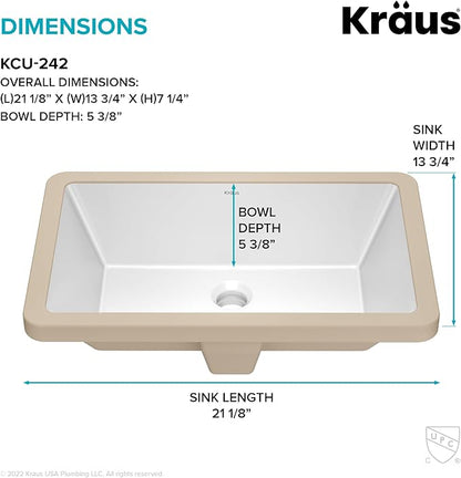 KRAUS Elavo 21.125 in. Rectangular Porcelain Ceramic Undermount Bathroom Sink in White with Overflow Drain, KCU-242
