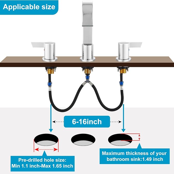 Midanya 8 Inch Widespread Bathroom Sink Faucet 3 Hole,Polish Chrome | Waterfall Swivel Spout,2 Handle,SUS304,with Pop Up Drain,cUPC 24" Water Hose,for 6-16” hole distance vanity,RV,Farmhouse Sink