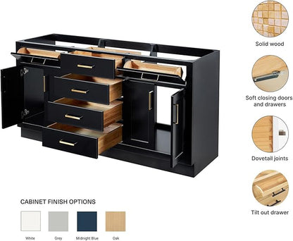 ARIEL Hepburn 66-inch Bathroom Vanity Base Cabinet,Solid Wood, 4 Soft Closing Doors, 6 Dovetail Drawers, Black