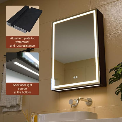 20x28 Inch Aluminum LED Bathroom Mirror Cabinet with Backlit Panel | Light Adjustment, Anti-Fog, Sockets&USBs, High Capacity, Easy to Install