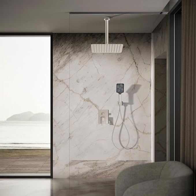 Rain Shower System 12IN Modern Brass Faucet Set With Valve and Diverter Shower Mixer With Handheld High Pressure Square Rainfall Shower Valve (12'' Ceiling Mount, Brushed Nickel)