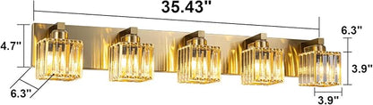 Gold Crystal Bathroom Vanity Lights, 5 Lights Bathroom Lighting Fixtures Over Mirror Modern Gold Crystal Wall Light with Square Shade