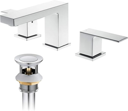 8 Inch Widespread Bathroom Sink Faucet with Drain Assembly, Solid Brass 2 Handle 3 Hole Bathroom Vanity Faucet, Chrome Finish, Modern Bathroom Faucet