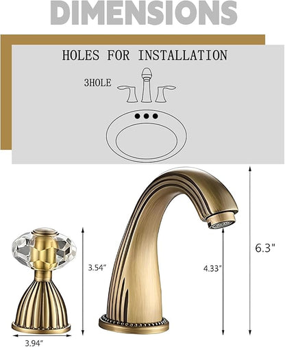 Antique Brass Bathroom Faucet Gold Three Holes Widespread Crystal Handle Bathroom Sink Faucets Retro Vintage Lavatory Vanity Faucet