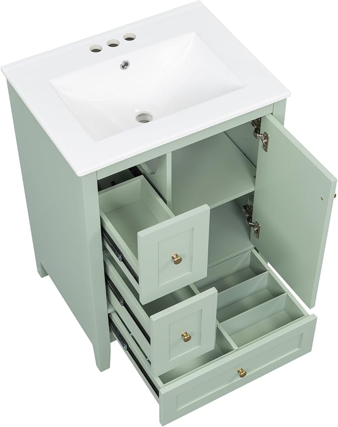 24" Bathroom Vanity with Ceramic Sink,Undermount Single Basin Bath Vanity Set w/3 Drawers and Adjustable Shelf,Modern Freestanding Storage Cabinet,MDF & Rubberwood,Green