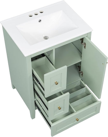 24" Bathroom Vanity with Ceramic Sink,Undermount Single Basin Bath Vanity Set w/3 Drawers and Adjustable Shelf,Modern Freestanding Storage Cabinet,MDF & Rubberwood,Green