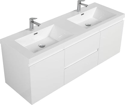 60 Inch Floating Bathroom Vanity with Double Sink, Large Storage Wall Mounted Floating Vanity with 2 Soft Close Drawers & 2 Doors, One-Piece Basin Bathroom Sink Cabinet, Glossy White, Double sink