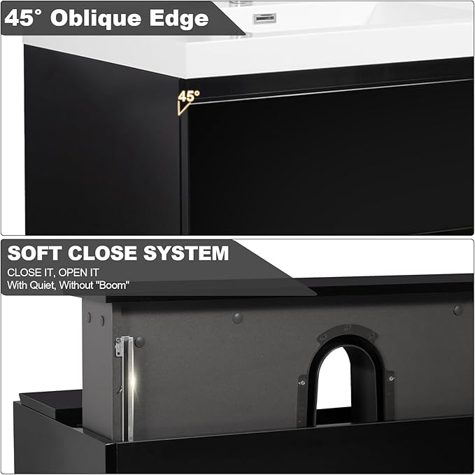 Wall Mounted 72 Inch Bathroom Vanity with Sink, Floating Vanity Bathroom, Double Sink Bathroom Vanity, 4 Drawers, Resin Integrated Sink (Glossy Black)