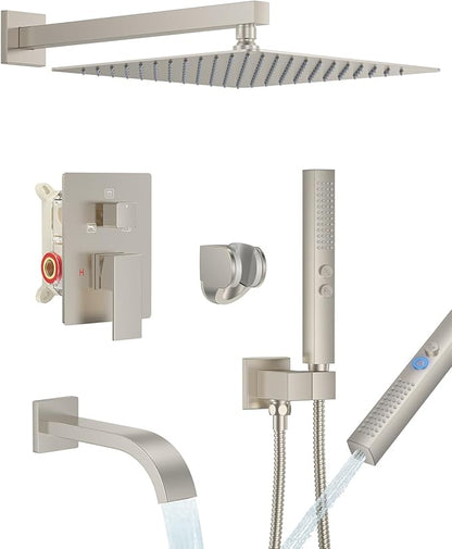 Brushed Nickel Shower System with Tub Spout, Wall Mounted Bathtub Shower Faucet Set, 12" Rainfall Shower Head and Handheld Shower Combo, High Pressure Shower Fixtures Set with Rough-in Valve