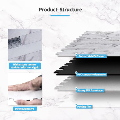Art3d Faux Stone Peel & Stick Backsplash Tile, 10 pcs, Silver Trim Volakas | PVC, Multi-Style Decor Sheets, Waterproof, Traceless Peel, No Wall Damage, Ideal for Kitchen