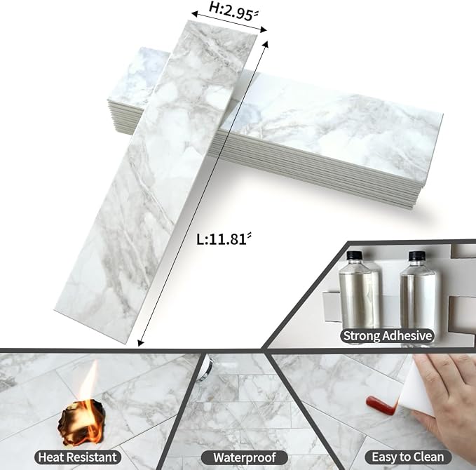 AULIGET Polished White Marble Peel and Stick Backsplash Wall Tiles, 3" x 12" PVC Faux Stone Stick on Tiles for Backsplash Kitchen, 4