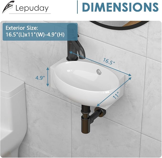 Wall Mount Hung Bathroom Sink 16"x11" Round Modern Vessel Sinks | Bathroom Corner Floating Sink White Porcelain Ceramic Wall Hung Bathroom Vessel Sink for Rvs, Restroom, Toilet