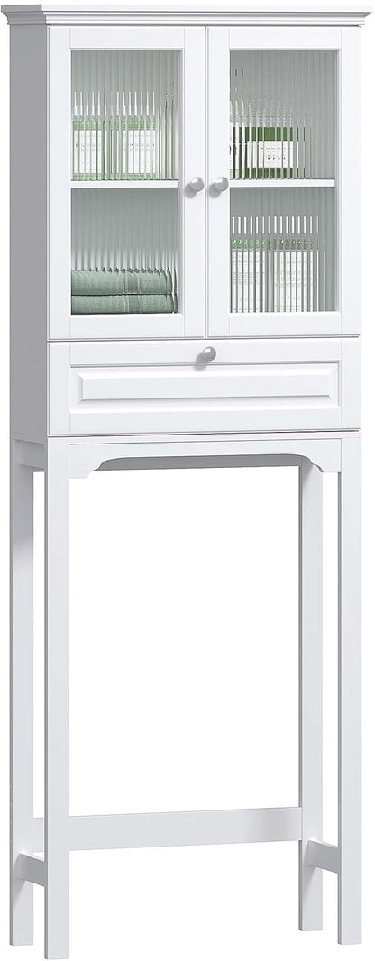 Spirich Over The Toilet Storage Cabinet with Muro Glass Doors, Over Toilet Bathroom Organizer with Tilt-Out Cube and Adjustable Shelf, White