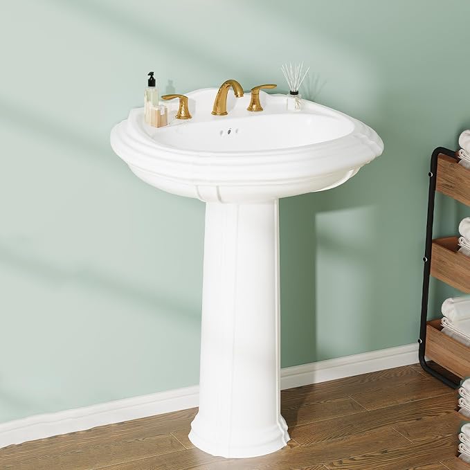 26" x 20" Pedestal Sink - White Ceramic Freestanding Vanity with Overflow Hole,Vintage White Bathroom Sink with 3 Pre-Drilled Holes for 8 Inch Faucets