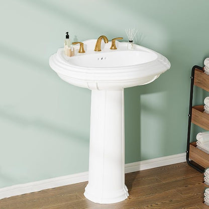 26" x 20" Pedestal Sink - White Ceramic Freestanding Vanity with Overflow Hole,Vintage White Bathroom Sink with 3 Pre-Drilled Holes for 8 Inch Faucets