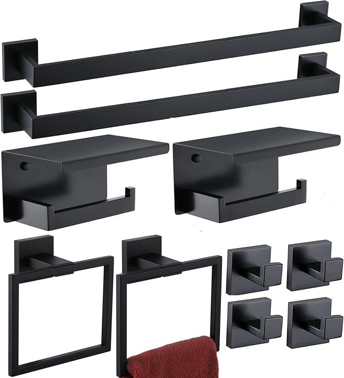Bathroom Hardware Set Piece Matte Black Bathroom Accessories Set SUS304 Towel Bar Set Includes 2 Towel Bar 24 Inch+2 Towel Holder+2 Toilet Paper Holder+4 Towel Hooks (10, Matte Black)