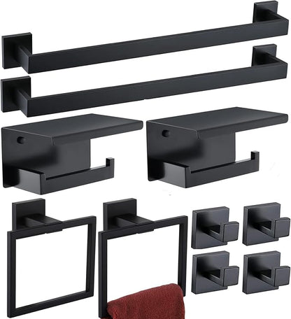 Bathroom Hardware Set Piece Matte Black Bathroom Accessories Set SUS304 Towel Bar Set Includes 2 Towel Bar 24 Inch+2 Towel Holder+2 Toilet Paper Holder+4 Towel Hooks (10, Matte Black)