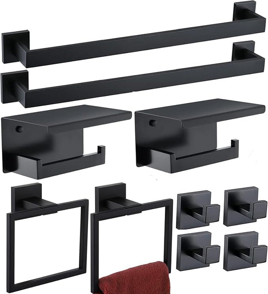 Bathroom Hardware Set Piece Matte Black Bathroom Accessories Set SUS304 Towel Bar Set Includes 2 Towel Bar 24 Inch+2 Towel Holder+2 Toilet Paper Holder+4 Towel Hooks (10, Matte Black)