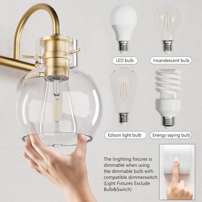 2 Lights Bathroom Vanity Light Fixtures Over Mirror Modern Gold | Wall Sconce,Elegant Globe Glass Shades,E26 Base,UL Certified,Anti-Rust,Damp Rated,Painted,Bedroom Living Room Entryway