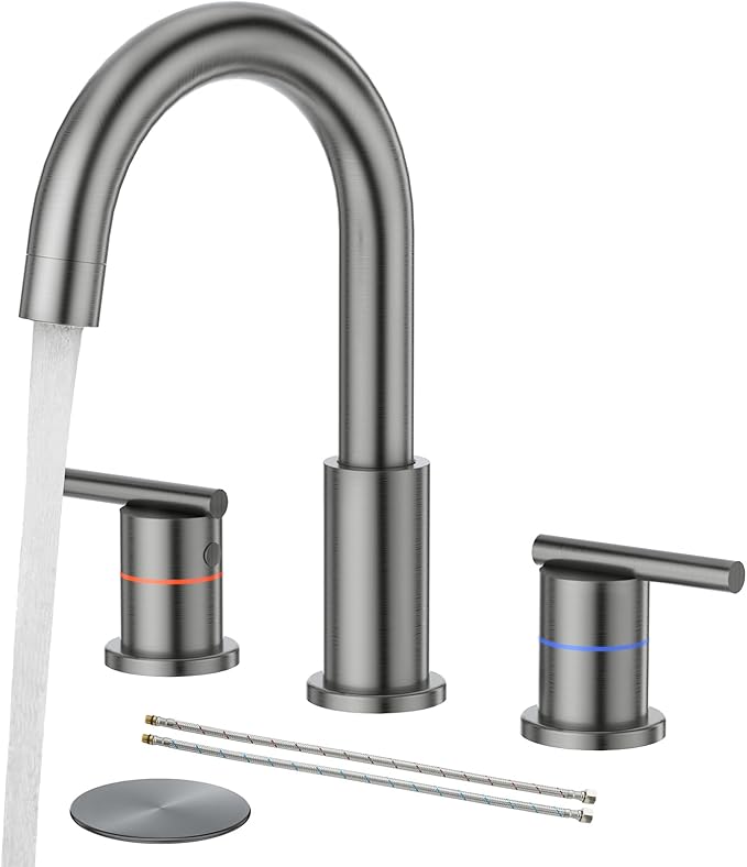 Faustina Gery Bathroom Faucet, 3 Hole, 8 Inch Widespread, 4 Inch Centerset, 2-Handle Stainless Steel