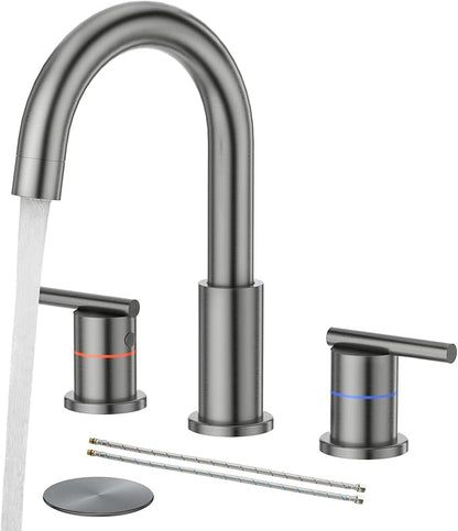 Faustina Gery Bathroom Faucet, 3 Hole, 8 Inch Widespread, 4 Inch Centerset, 2-Handle Stainless Steel