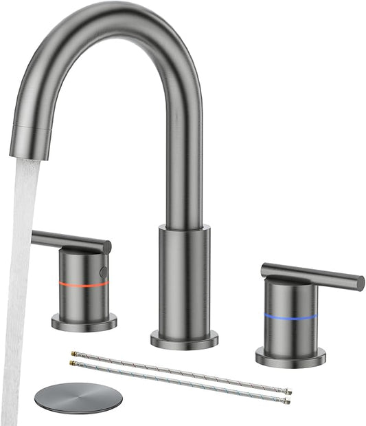 Faustina Gery Bathroom Faucet, 3 Hole, 8 Inch Widespread, 4 Inch Centerset, 2-Handle Stainless Steel
