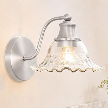 Brushed Nickel Bathroom Wall Sconce Vintage Style, E26 Easy Mounted | Vanity Light with Flower Glass Shade, Bathroom Wall Lighting Fixture Beside Mirror, Easy Mounted for Bedroom, Hallway