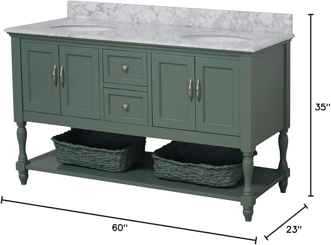 Beverly 60-inch Double Bathroom Vanity (Carrara/Sage Green): Includes Sage Green Cabinet with Authentic Italian Carrara Marble Countertop and White Ceramic Sinks