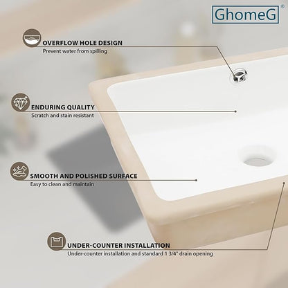 18 Inch Undermount Bathroom Sink 18.25"x12.4" White Rectangle Porcelain Ceramic Vanity Sink with Overflow, Under Counter Lavatory Basin