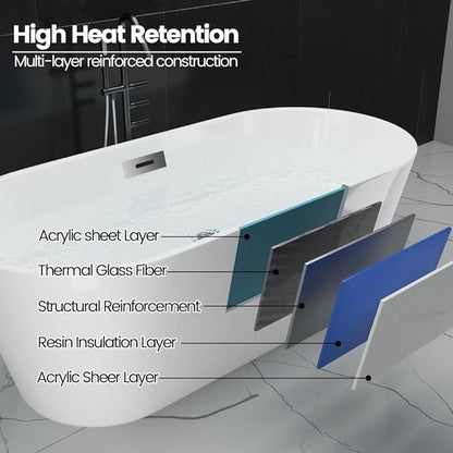 Freestanding Bathtub 59 inch Acrylic Free Standing Tub 59 Inch, Free Standing Tub with Chrome Drain & Overflow, Ergonomic Stand Alone Tub for Small Bathroom or Home Spa
