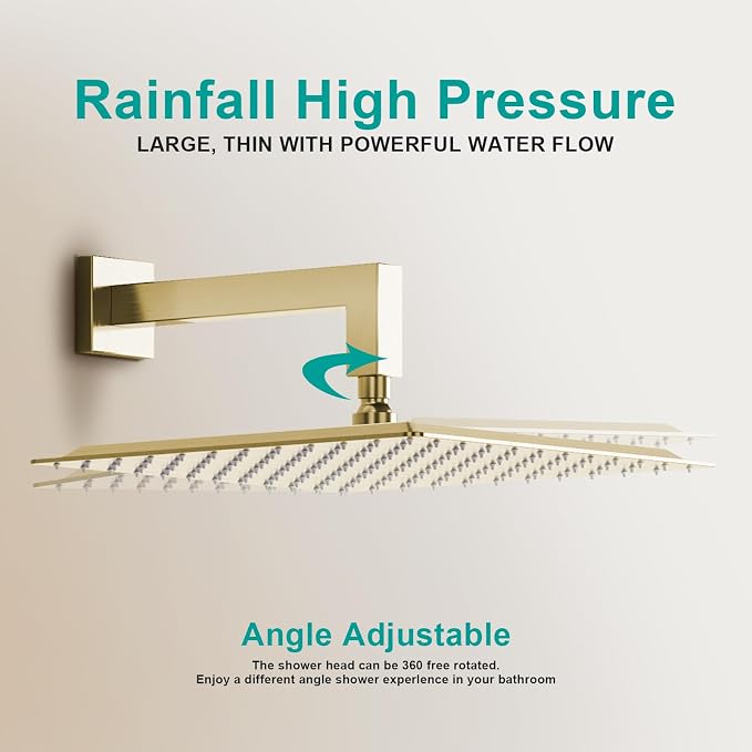 Square Rain Shower Head, High Flow Stainless Steel,Work with any decorative style，All Metal Rainfall Shower Head (Brushed Gold, 12)