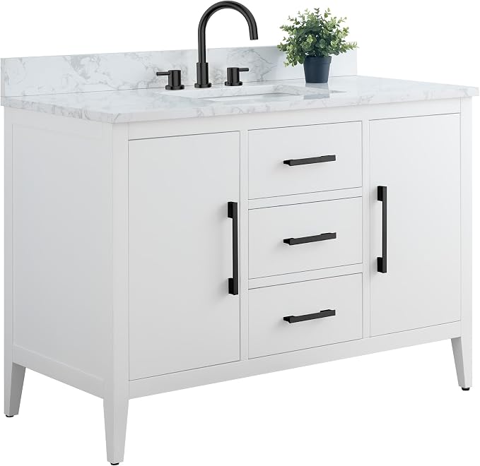 48 Inch Bathroom Vanity with Sink & Ceramic Top, Single Vanity Cabinet with Basin, Soft-Closing Doors & Matte Black Hardware, White