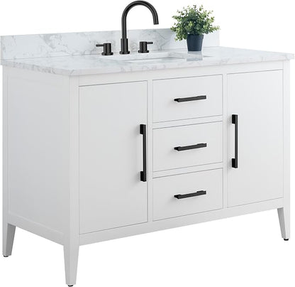 48 Inch Bathroom Vanity with Sink & Ceramic Top, Single Vanity Cabinet with Basin, Soft-Closing Doors & Matte Black Hardware, White