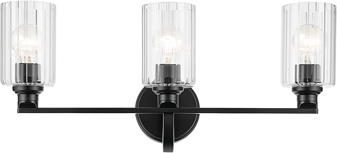 Kichler Gioe 24.25" 3-Light Vanity Light with Clear Fluted Glass in Black, Damp Rated, for Bathroom, Powder Room, Over a Mirror, (24.25" W x 10.5" H), 55226BKFLU