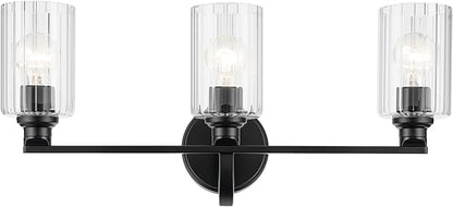 Kichler Gioe 24.25" 3-Light Vanity Light with Clear Fluted Glass in Black, Damp Rated, for Bathroom, Powder Room, Over a Mirror, (24.25" W x 10.5" H), 55226BKFLU