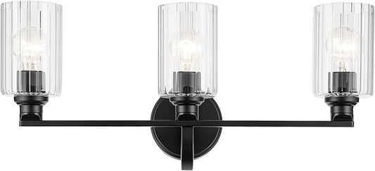 Kichler Gioe 24.25" 3-Light Vanity Light with Clear Fluted Glass in Black, Damp Rated, for Bathroom, Powder Room, Over a Mirror, (24.25" W x 10.5" H), 55226BKFLU