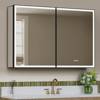 36x32 Inch Medicine Cabinet with Mirror, Recessed or Surface Mount Bathroom Medicine Cabinet with LED Lights, Anti-Fog, Adjustable Shelf, Dimmable Light, Outlets & USB, ETL Listed, Black
