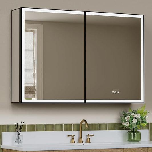 36x32 Inch Medicine Cabinet with Mirror, Recessed or Surface Mount Bathroom Medicine Cabinet with LED Lights, Anti-Fog, Adjustable Shelf, Dimmable Light, Outlets & USB, ETL Listed, Black