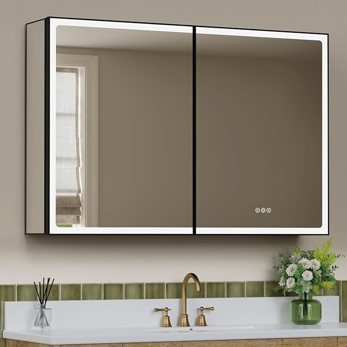 48x32 Inch Led Lighted Medicine Cabinet with Mirror, Recessed or Surface Mount Bathroom Medicine Cabinet, Anti-Fog, Adjustable Shelf, Dimmable Light, Outlets & USB, ETL Listed, Black
