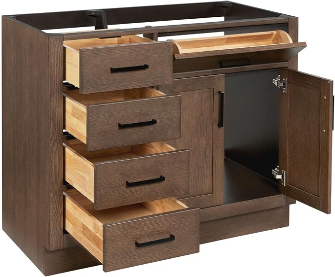 ARIEL Hepburn 42-inch Bathroom Vanity Base Cabinet,Solid Wood, 2 Soft Closing Doors, 5 Dovetail Drawers, Brown Oak