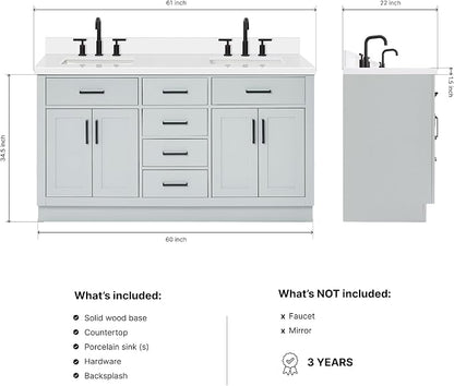 ARIEL Hepburn 60-inch Bathroom Vanity with Sink,Solid Wood, 1.5-inch Pure White Quartz Countertop & Backsplash, Double Rectangular Porcelain Sink, 4 Soft Closing Doors, 6 Dovetail Drawers, Grey